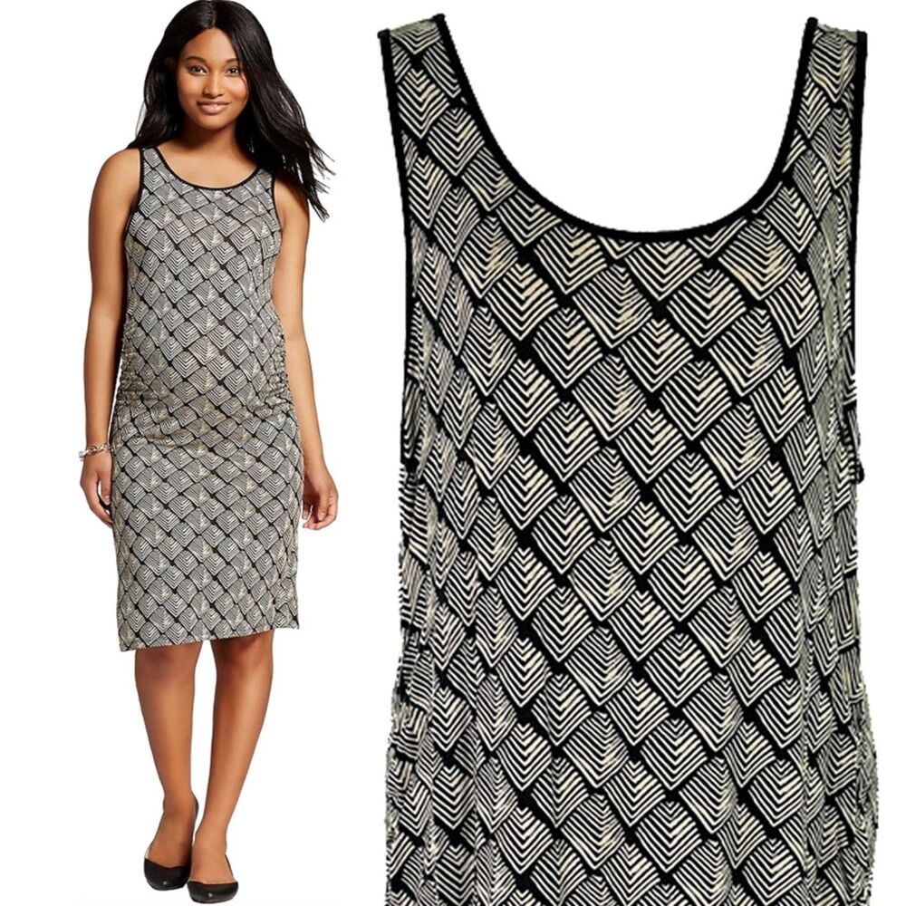 Liz Lange Maternity Black & Cream Geo Ruched Tank Dress (XL) Soft Jersey Knit